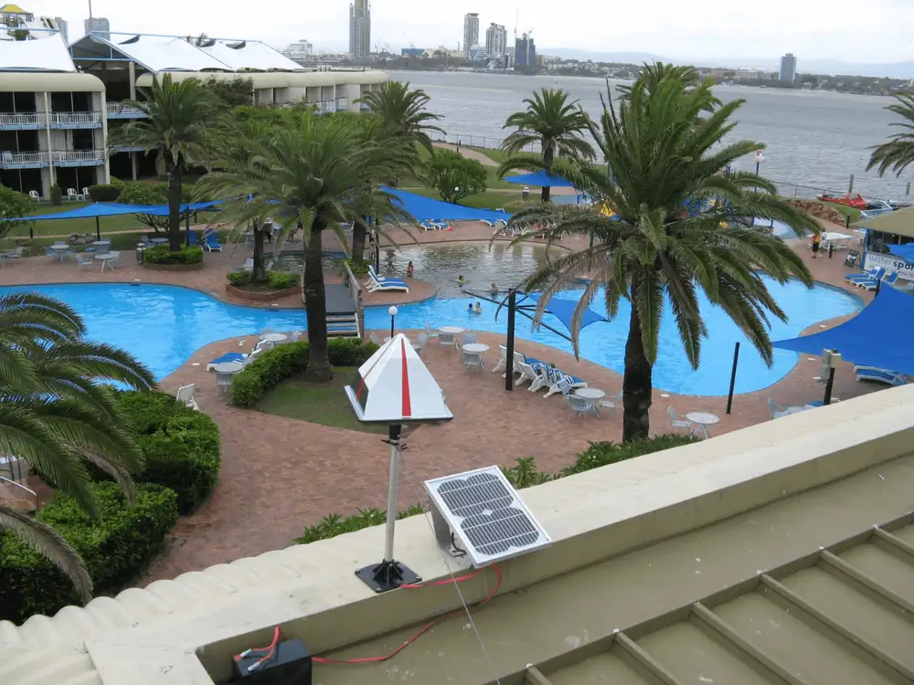 Eagle Eye® bird deterrent installed on a hospitality rooftop
