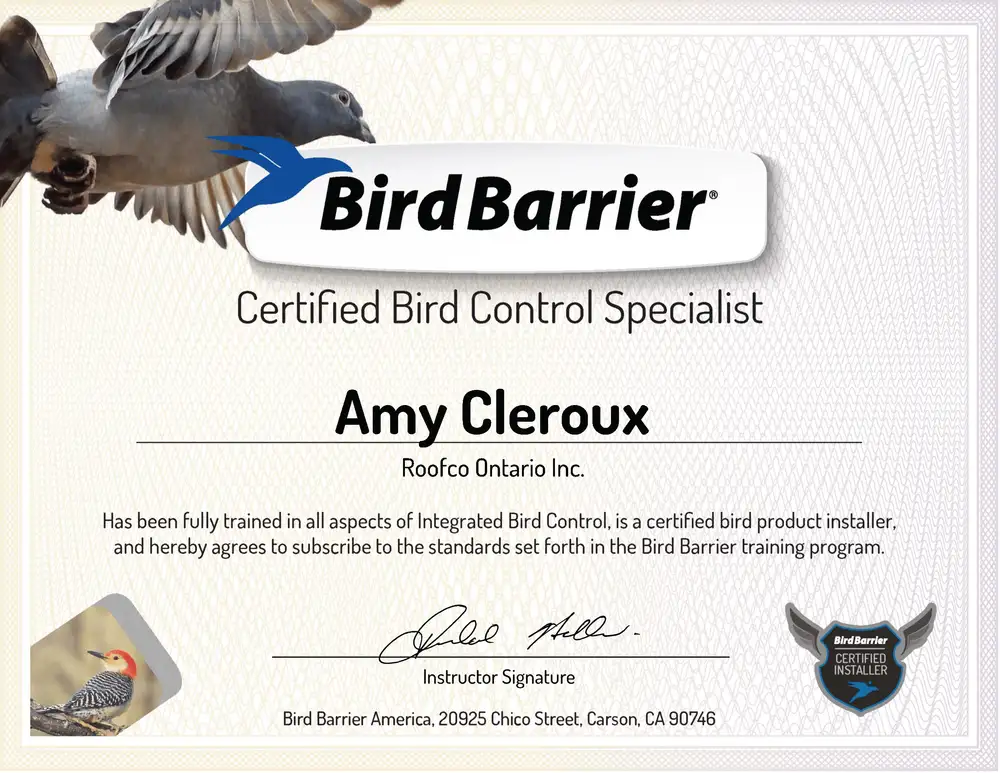 Bird Barrier Certified Bird Control Specialist certificate for Amy Cleroux