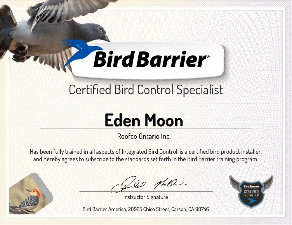 Bird Barrier Certified Bird Control Specialist certificate for Eden Moon