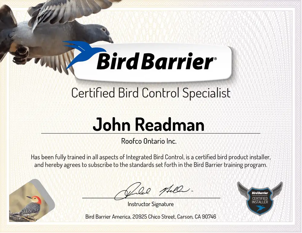 Bird Barrier Certified Bird Control Specialist certificate for John Readman