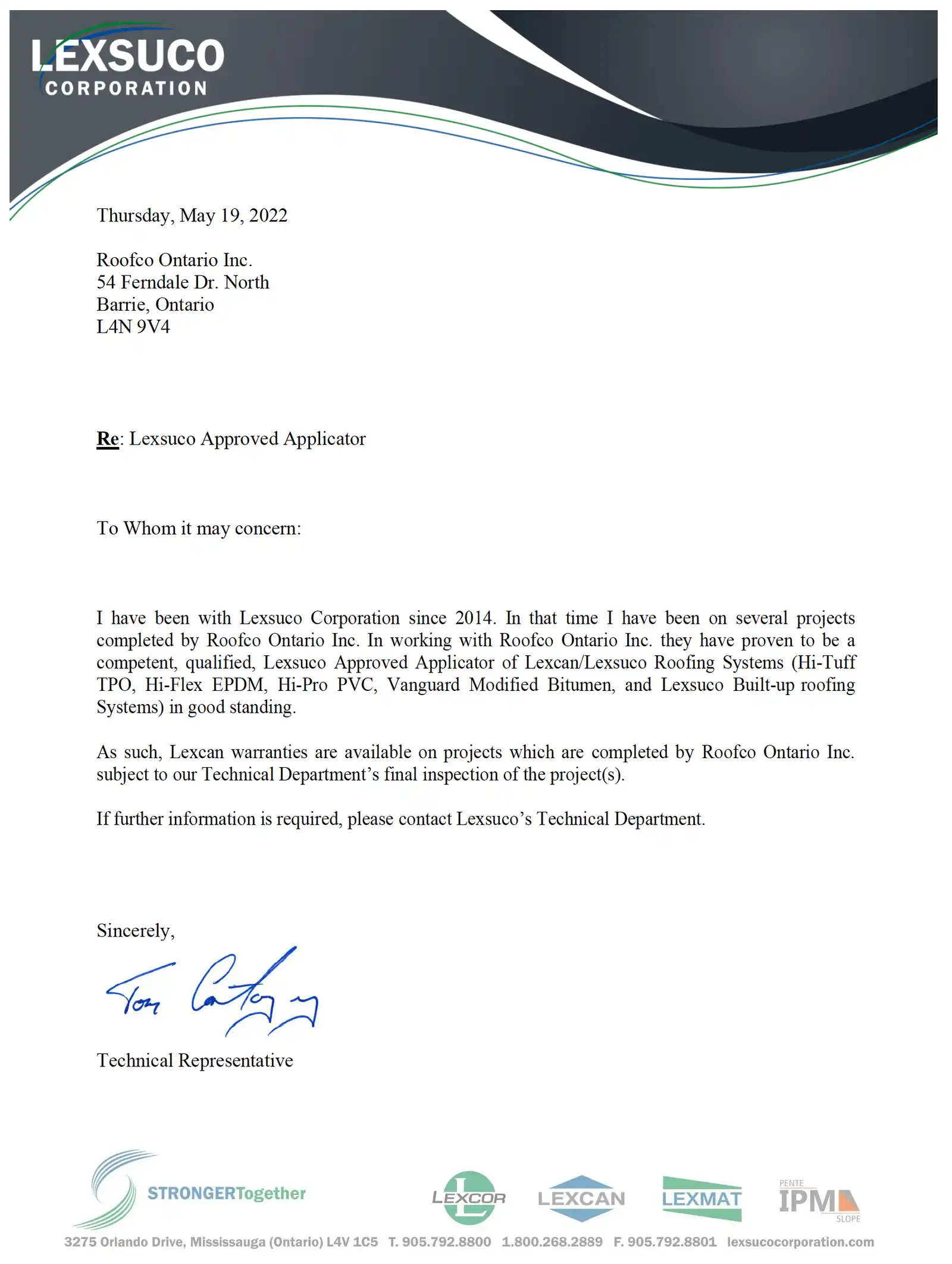 Lexsuco letter confirming Roofco Ontario Inc. as an approved applicator